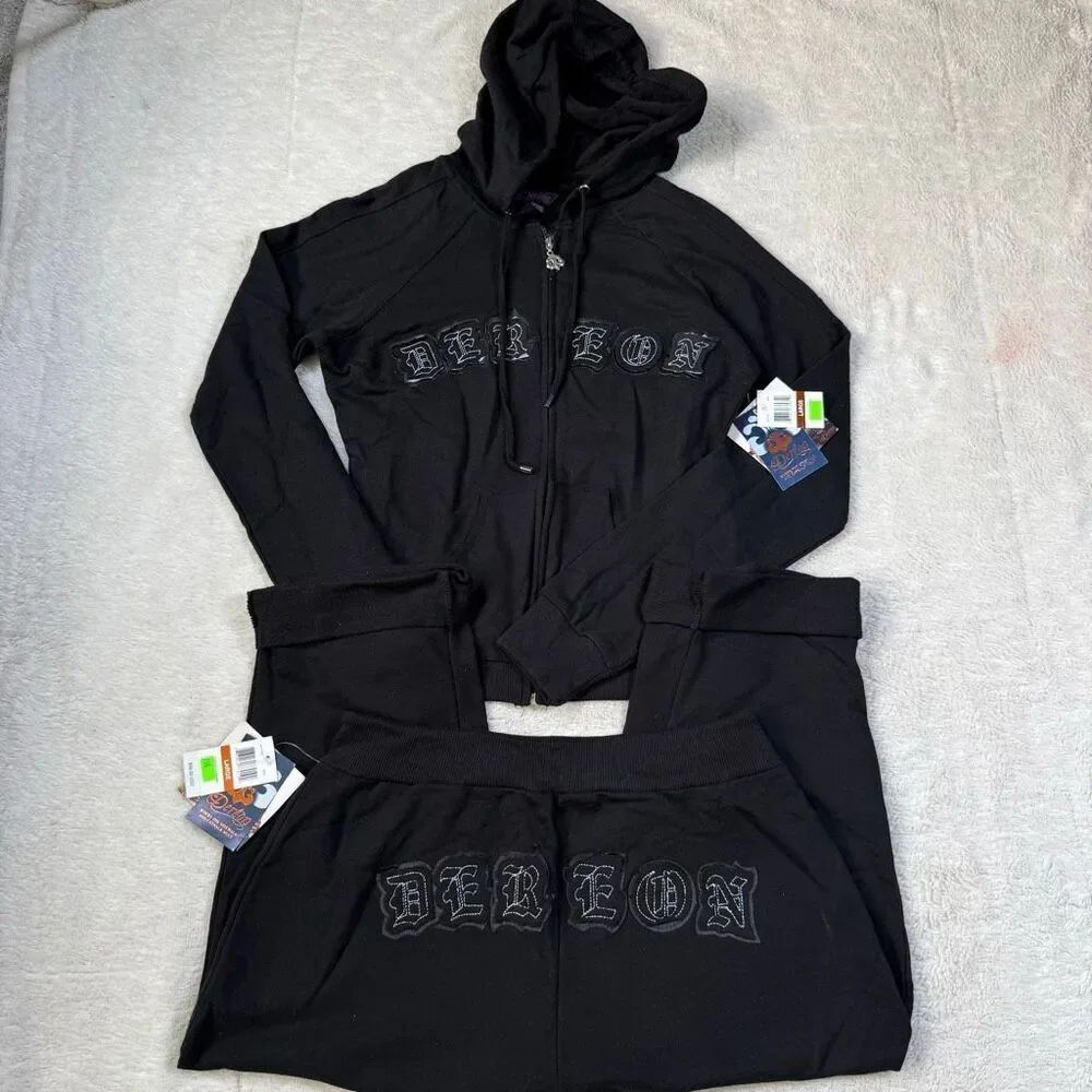 READ DISC NWT Dereon Black Gothic Logo Zip Hoodie & Capri Sweatpant 2-Piece Set